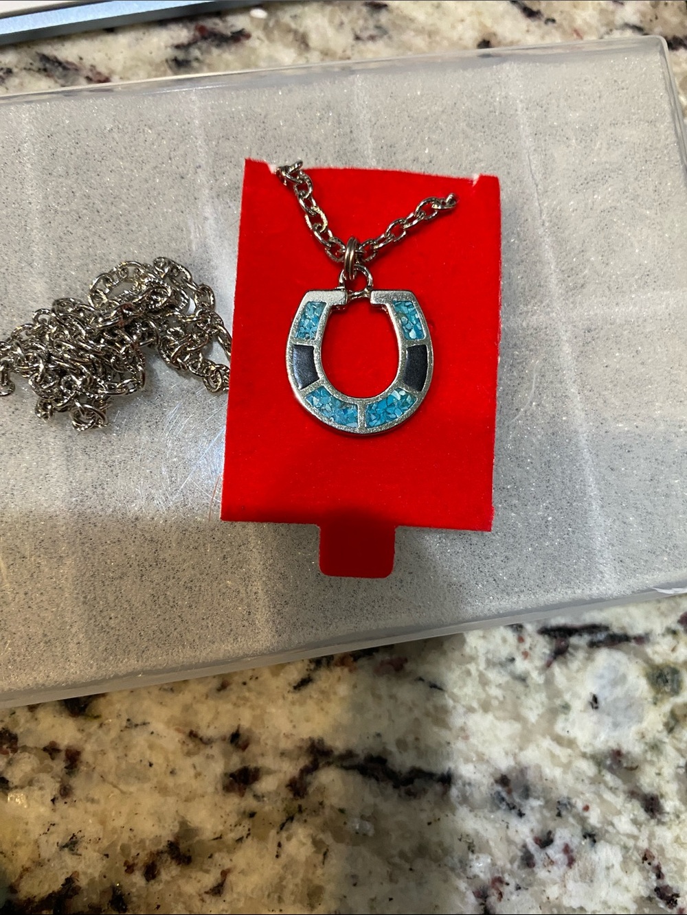 Silver Horseshoe Pendant Necklace with Turquoise-Blue Inlay